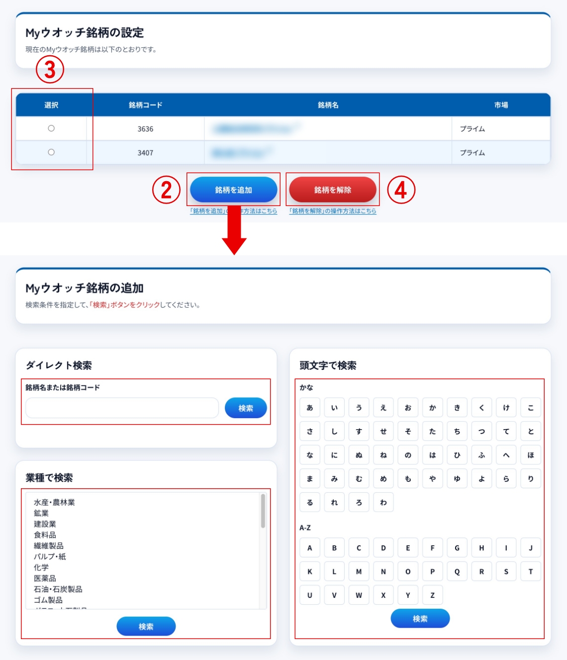 Myウオッチ銘柄の追加と解除の画面イメージ