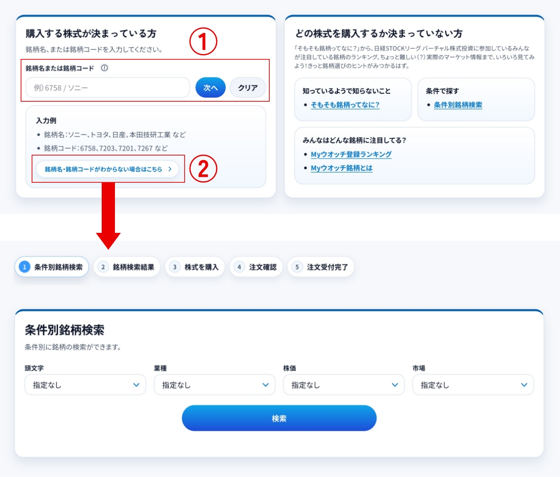 株式を購入画面の検索イメージ