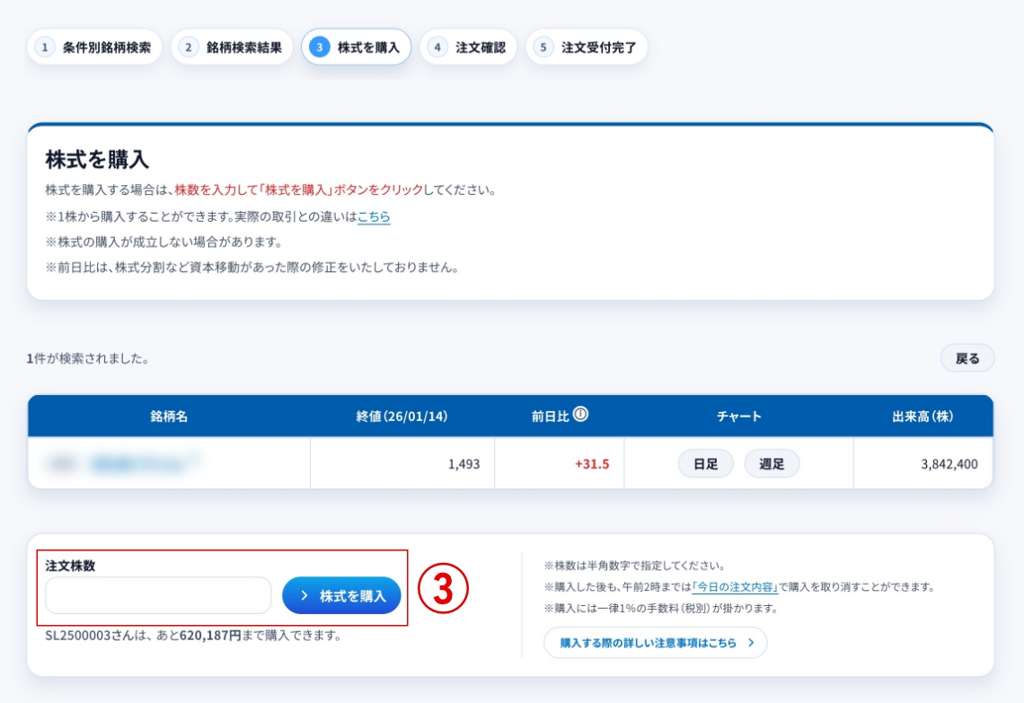 株式購入の入力画面イメージ