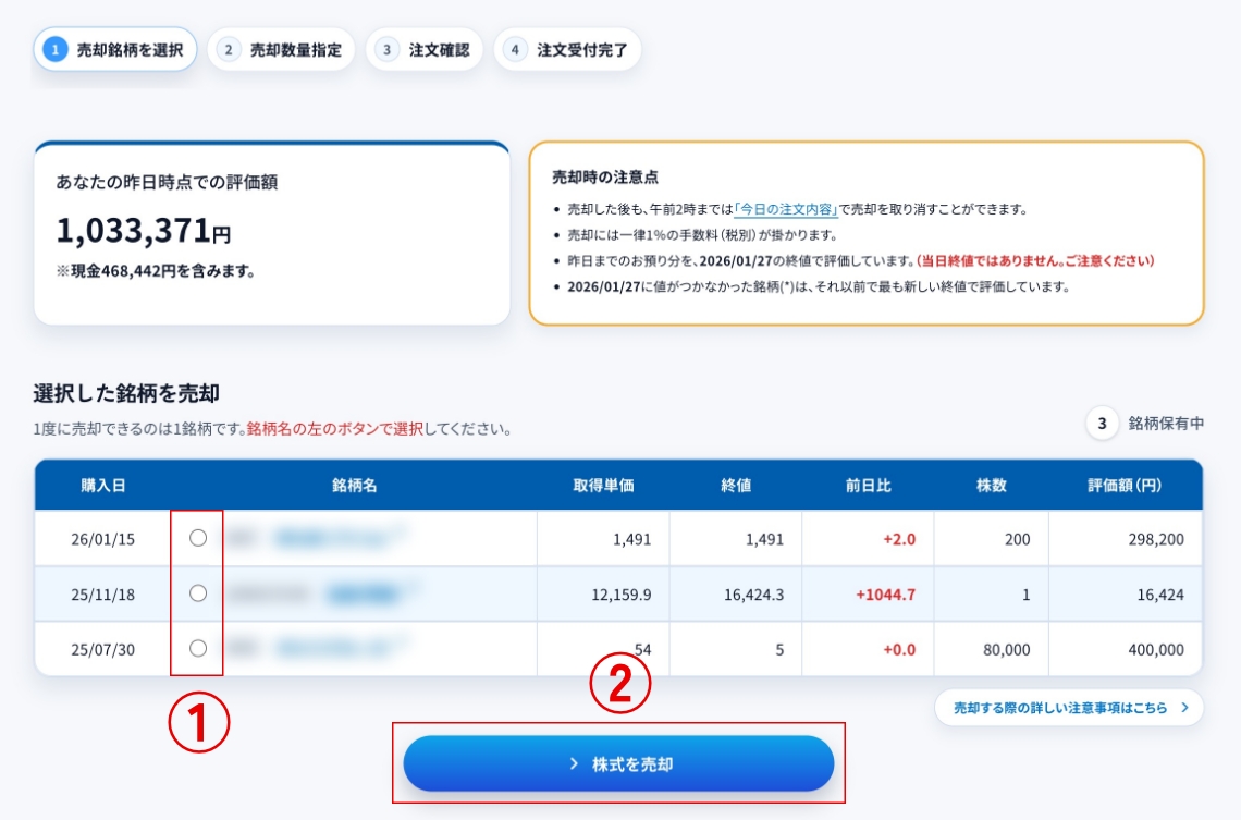 株式を売却画面の選択イメージ
